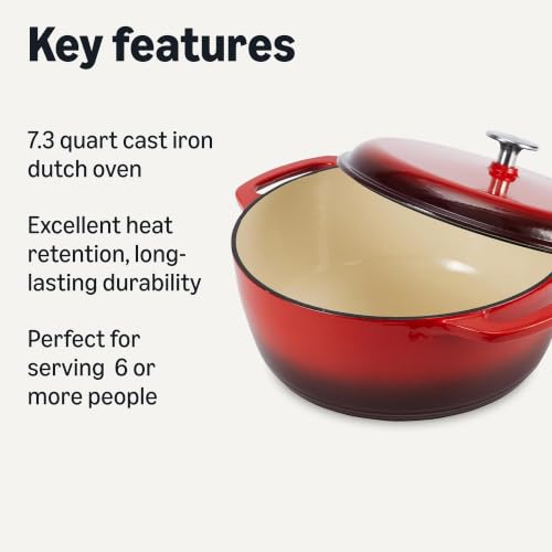 Image of Amazon Basics Enameled Cast Iron Dutch Oven Pot with Lid, Round, Dual Handles, Heavy-Duty, Oven Safe for Stews, Roasting, Baking, 7.3-Quart, Red