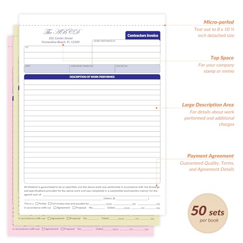 Harfesto Large Contractor Invoice Book, Invoice Receipt Book for Small Business, 3 Part Carbonless Work Order Estimate Forms, 8x11 in, 50 Sets