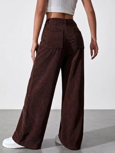Image of SMOWKLY Women's Corduroy Mid Rise Wide Leg Korean Bottomwear with Pocket | Loose & Relaxed Fit Casual Baggy Trousers for Woman Elegant Workwear for Office, College & Events