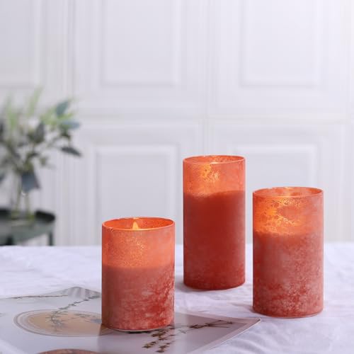 Image of Flameless Candles with Remote Orange Glass LED Pillar Candles Set of 3 | Realistic Wax Flame Effect, 2 /4 /6 /8H Timer, Battery Operated, Soft Ambient Glow for Home, Wedding & Holiday Decor