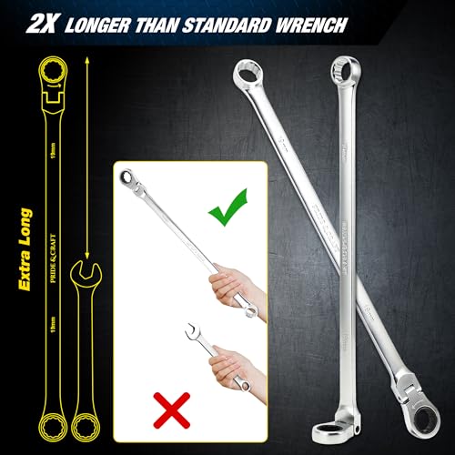 Image of PRIDE&CRAFT Extra Long Ratcheting Wrench 19mm, Metric Flex Head Double Box End, 2X Longer Wrenches, Chrome Vanadium Steel with 90-Tooth Ratchet for Automotive Repair