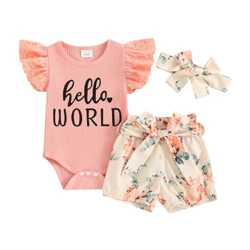 Image of Hello World Newborn Outfit Baby Girl Going Home Outfit Ruffle Ribbed Romper Top Floral Pants Set Cute Summer Clothes