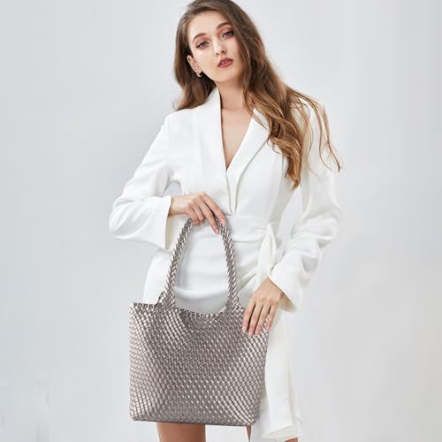 Image of Hand Woven Bag Tote BagS For Women Top Handle Shoulder Vegan Leather Large Travel Beach Hobo Handbag