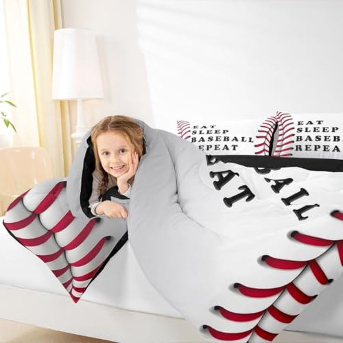 Image of Feelyou Baseball Comforter Set Queen Size Ball Pattern Bedding Set for Kids Boys Girls Eat Sleep Sports Theme Duvet Quilt Bedroom Decor Microfiber 3 Pcs with 2 Pillow Cases