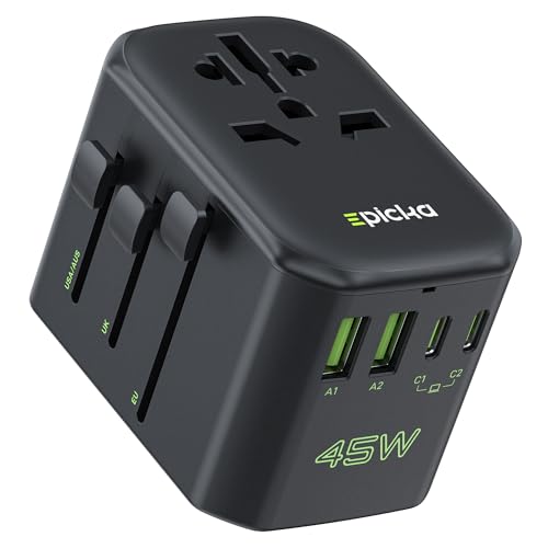 Image of EPICKA Pulse 45W European Travel Plug Adapter, Universal Power Adapter with PD Fast Charging, 5-Port (1 AC /2 USB-A /2 USB-C) International Charger Adapter - Travel Essentials (Pure Black)