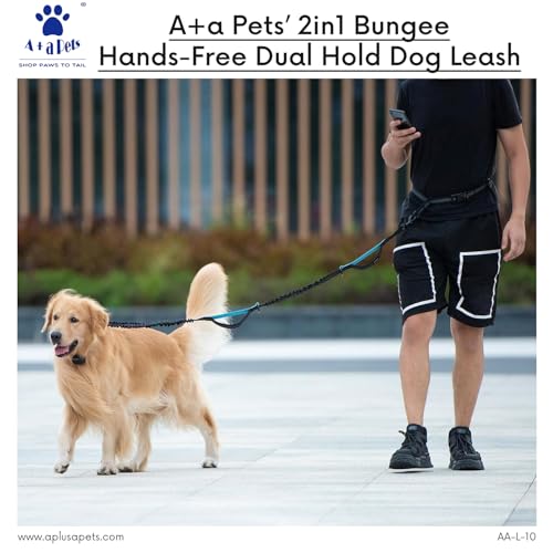 Image of A+a Pets' 2in1 Bungee Hands-Free Dual Hold Dog Leash | Waist Body Elastic Leash for Running | Adjustable Lightweight Nylon Waterproof Multi-Function Belt Lead (Black)