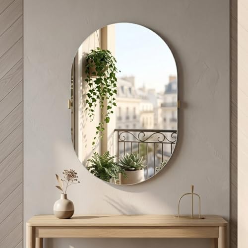 Image of Capsule-Shaped Frameless Wall Mirror - Modern Decorative Mirror for Bathroom, Bedroom, Entryway & Living Room. (18x24)