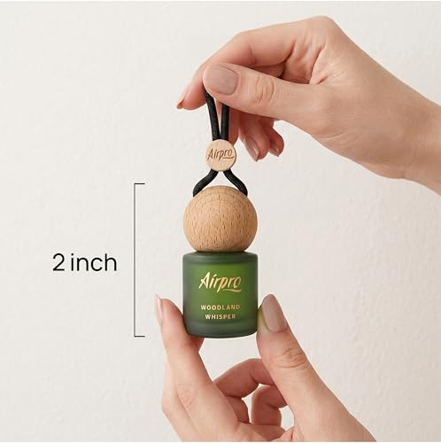 Image of Airpro Veil Woodland Whisper Wooden Hanging Car Air Freshener | Oud Inspired Car Perfume Hanging Pod | Glass Bottle with Wooden Diffuser | Long Lasting Luxury Car Perfume | Natural Fragrance | 8ml