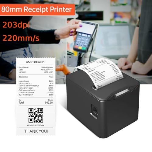 Bisofice Bondrukcer 80mm Bondrucker Belegdrucker 220 mm/s Quittungsdrucker USB+LAN, Unterstützt die Steuerung der Kassenschublade, ESC/POS, Kompatibel mit Win/Linux/MAC