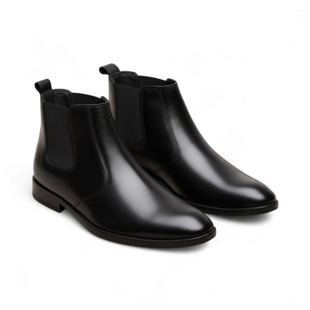 Chelsea Boots for Man | Crust Leather Black Ankle Boots | Cuban Heel Pointed Toe Stylish Formal & Casual Boot for Mens | Slip-On Elastic Side Panel-image-23