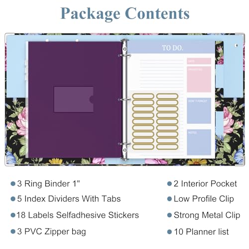 Image of 3 Ring Binder, 1 Inches Round Ring Binder with Clipboard, Dividers Tabs, PVC Zipper Bag Sleeves & to Do List Planners for Women, Men, School, Office Supplies, Flowers