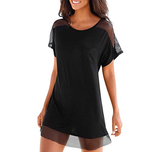 Womens Bohemian Short Sleeve Dresses Black Net Patchwork Solid Tunic Dress Above Knee Dress Casual Party Summer Mini Dresses for Women (Black,S)