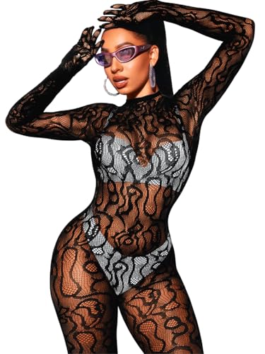 EHSUYAB Women Sexy Fishnet Full Bodysuit, Mesh Lace Poster Jumpsuit Glow Party Rave Outfits, Body Stockings Halloween Costume Black