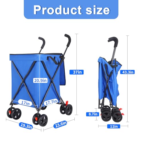Faltbarer Einkaufstrolley mit 4-Rädern, Trolley Einkaufswagen klappbar & modern groß 56L, 54,4 kg Kapazität, minimalistisch für Haustiere, Outdoor, Camping, Einkaufen, Sport, Garten-Blau – Bild 4