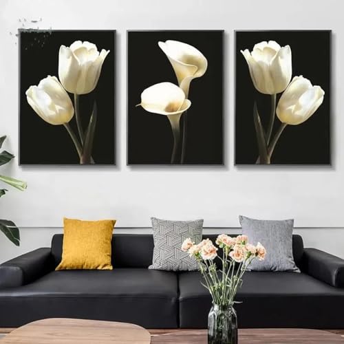 Fleur de lys Calla en blanc sur noir triptyque pour salon - 2