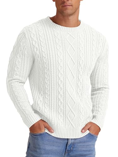 Hisir Pulls en Tricot Torsadé pour Hommes Hiver Décontractés Col Rond Épais Chauds Manches Longues Sweater Pullover Hauts pour Hommes UK, 02 Blanc, L