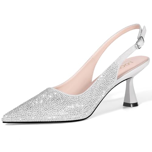 Image of LOCERICH Women's Kitten Heels Slingback Low Heel Dress Shoes Closed Toe Pumps Rhinestone Pointed Toe Sparkly Sling Back Bridal Wedding Party
