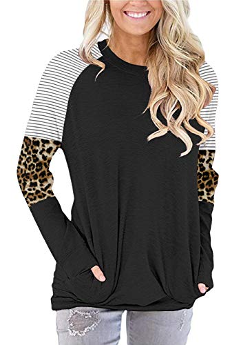 Angerella YS0639-BLACK-M Stripe Colorblock Shirts For Women Casual Tops Long Sleeve Tunics Loose Fitting Tops M cover