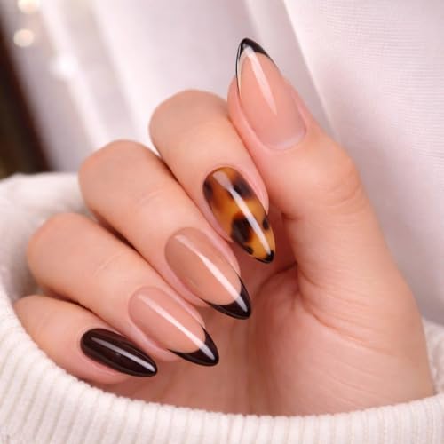 Image of 24 Pcs Fake Nails with Glue and Kit|Brown Sugar Almonds Tortoise french tip Press On Nails | ABS Material UV Protected Long Lasting Finish | Reusable Customizable Nail Kit (Brown - Long Almond)