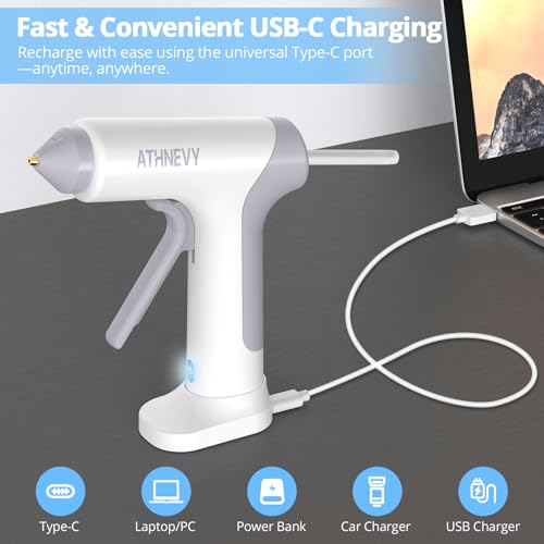Image of Cordless Hot Glue Gun, 4V 10s Fast Preheat, USB-C, 2000mAh Battery with Indicator, Smart Temp Control, Anti-Drip, Auto-Off, 30x7mm Glue Sticks, DIY Crafts, Home Repair, School Project (White)