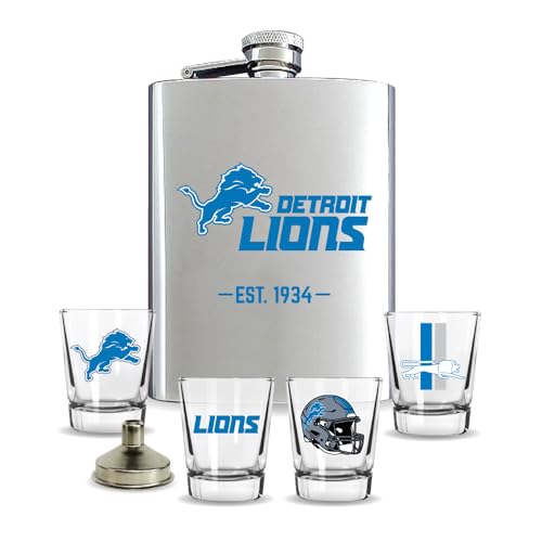 NFL Detroit Lions Flask and Shot Glass Gift Set, Silver Stainless Steel, 8 oz Flask with Four 2 oz Glasses, EST 1934