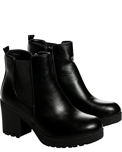 REFRESH Womens Side Elastic Zipper Lug Sole Bootie,Black,8
