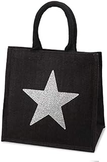 Yellowboots Black Jute Shopping Bag - Sparkle Silver Star (Large 42 x 32 x 18cm)