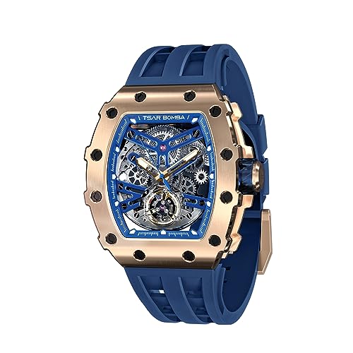 Image of TSAR BOMBA Mens Luxury Watch Automatic Watches for Men 50M Waterproof Japanese Mechanical Movement Tonneau Stainless Steel Case Sapphire Glass Big Face Cool Unique Fashion Gift Men