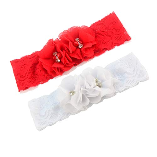 Baby Girls Lace Headband with Double Chiffon Flowers Pearl Hairband Headwrap JA68 (White Red)