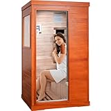Sauna, Far Infrared Saunas for Home 1 Person Wood Sauna Okoume 800W/110V Low Emf Dry Sauna Indoor Sauna Room with Tempered Glass Door/Speakers/Air Hole and LED Lighting - 35.2*27.6*61.6 IN