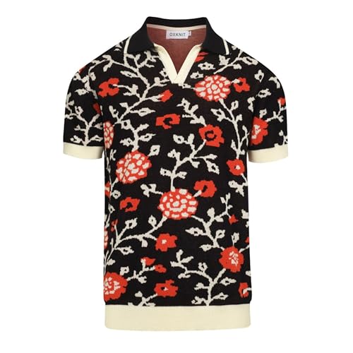 Men's Knit Polo Shirts, 1960s Mod Style Retro Florals Pattern Short Sleeves Casual V-Neck Short Shirts