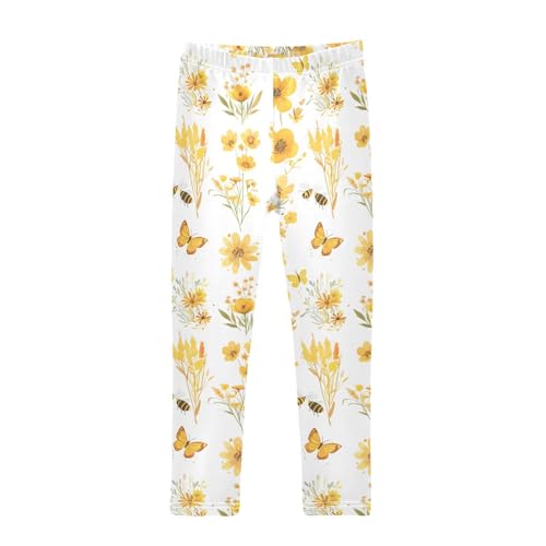Embroidery Bee Butterfly Flowers Kids Girl's Active Leggings Stretchy Full Length Athleisure Pants Gym