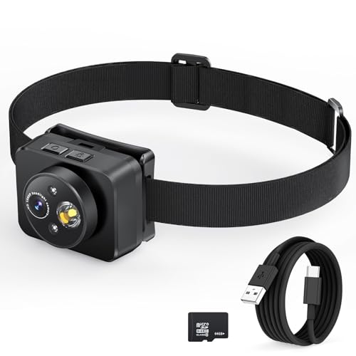 Head-Mounted Camera, LED headlamp, 1080P HD Action Camera, Wearable Video Recording, 64GB Internal Storage, Suitable for Nighttime Outdoor Activities Such as Electricians, Cycling, and Fishing