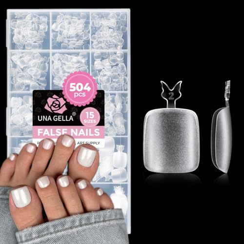 UNA GELLA False Toenails 504Pcs - Soft Gel Full Cover Matte Squoval Toe Nails - Pre-filed False Toe Nails Tips for Home DIY & Salon Soak Off 15 Sizes