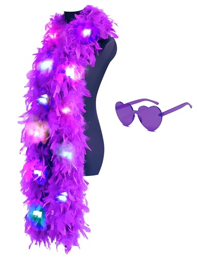 Colorful Feather Boas 6.6ft Boa with 20 Color LED Lights for Women for Dancing Wedding Party Halloween with Heart Sunglasses (Purple)