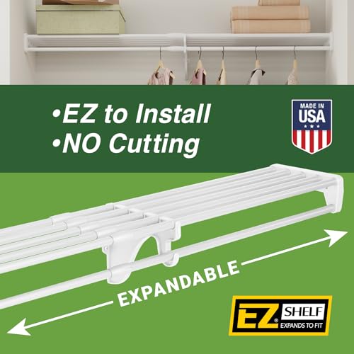 Image of EZ SHELF - Hanging Shelf - Closet Rod - Expands 63.3-118 inch - White, Closet Shelves - Strong, Holds 200 lbs - DIY, Easy Install - to 2 Side Walls - Alternative to Wire Shelving