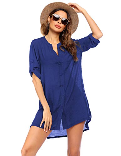 Ekouaer Damen Strandkleid Hemdkleid Kleidung Strand Hemdkleid V-Ausschnitt Rock Sommer Cuffed Sleeve Shirts Tops Königsblau M