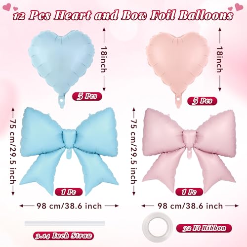 Image of 12 Pcs 18 Inch Heart Balloons and 38 Inch Bow Balloons, Large Foil Bow Heart Balloon Bow Party Decorations for Birthday Baby Shower Valentines Wedding Party