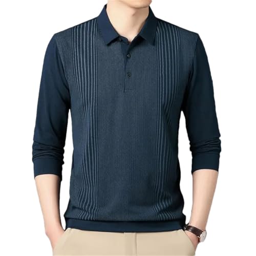 Men Business Full Sleeve Polo Shirt Solid Print Striped Embroidery Lapel Button Loose Top