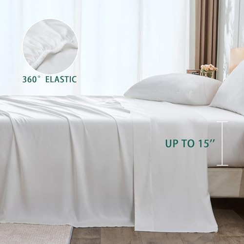 100% Rayon Derived from Bamboo Sheet Sets Queen Size, Organically Growth, Silky Soft & Cooling, 4 Piece (1 Fitted Sheet, 1 Flat Sheet and 2 Pillowcases) White Bedding Set with 15" Deep Pocket - Thumbnail 3