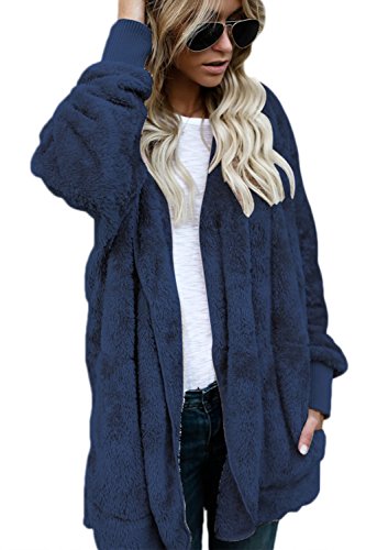 Women Hooded Cardigan Fuzzy Jacket Winter Open Front Fleece Coat Outwear with Pockets