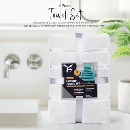 YRALY Luxus Handtücher für Badezimmer 8-2er Set Badetücher 2 Handtücher 4 Waschlappen - 600 GSM 100% Baumwolle Ringgesponnen Viskose Bordüre Handtücher Set – Bild 7