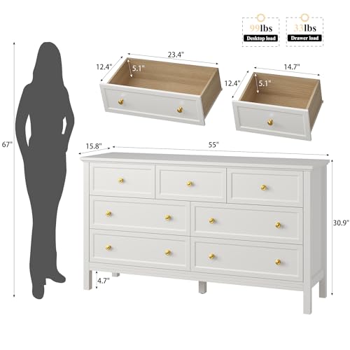 LYNSOM White Dresser for Bedroom with 7 Drawers, Modern Wide Chest of Storage Drawer with Gold Handles, TV Stand Dresser, Wood Dressers for Bedroom Living Room, Hallway, Entryway, 55’’ - Image 2