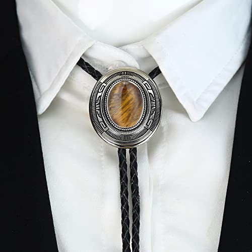 Image of Btilasif Bolo Tie- Tiger Eye Stone Bolo Tie Leather Necktie Western Jewelry Accessories for Women Men
