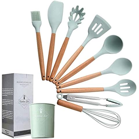 Silicone Cooking Utensils Kitchen Utensil Set - 9 Pieces Natural Wooden Handles Cooking Tools Turner Tongs Spatula Spoon for Nonstick Cookware (Mint Green) Cover