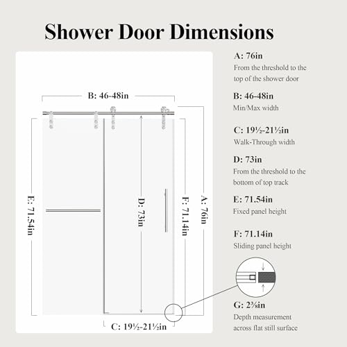 Image of 46-48 inch W x 76 inch H Frameless Sliding Shower Door, Safety Bathroom Single Sliding Glass Doors with 5 /16 inch (8mm) SGCC Tempered Glass, Stainless Steel Towel Rail and Auxiliary Handle, Brushed Nickel