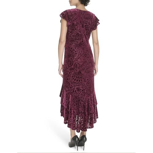 Image of Tommy Hilfiger Women's Flutter Sleeve V-Neck Ruffle Trim Hi-Lo Midi Dress