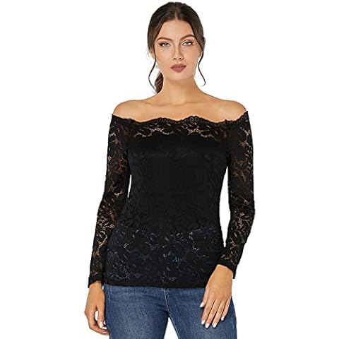 J.Corrine Off The Shoulder Tops for Women Long Sleeves Lace Blouses Summer Sexy Casual Shirts Black M Cover