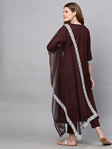 Image of GoSriKi Women's Cotton Blend Straight Embroidered Kurta with Pant & Dupatta