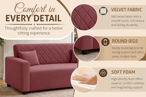 Image of Rosebell 3 Seater Wooden Sofa for Living Room, Modern Fabric Upholstered Sofa with Quilted Backrest, Cushioned Seating, Padded Armrests & Sturdy Wooden Frame - Rose Pink